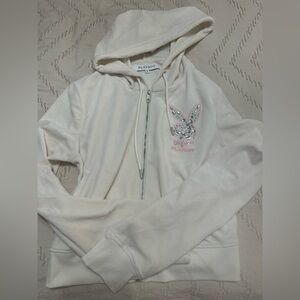 PLAYBOY Cream Rhinestone Bunny Hoodie with Pink Accent